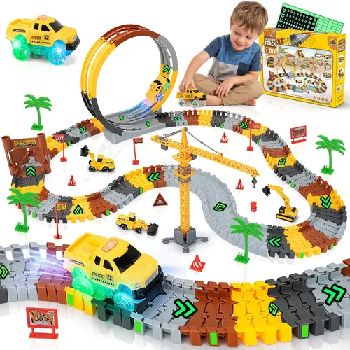 157 PCS Construction Race Tracks for Kids, Glow in The Dark Magic Toy Set with 360° Loop Ramp, 1 Light Up Car, 3 Construction Cars, Flexible DIY