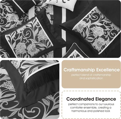 Miniatura 6 de Grand Avenue Juego de edredón negro plateado tamaño Queen, juego de ropa de cama jacquard floral de 7 piezas, para todas las estaciones, ultrasuave