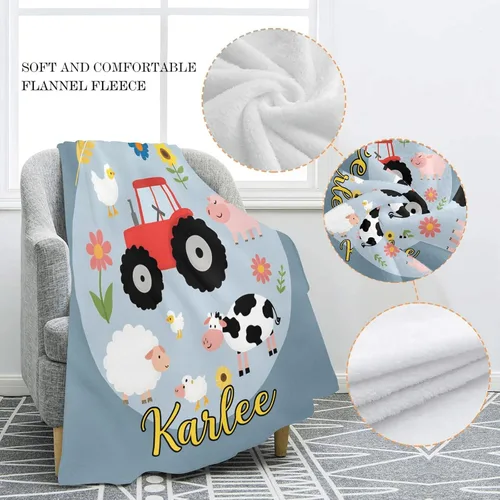 Miniatura 5 de Manta de bebé personalizada con diseño de tractor de animales de granja con nombre, manta de forro polar suave para niñas, niños, recién nacidos