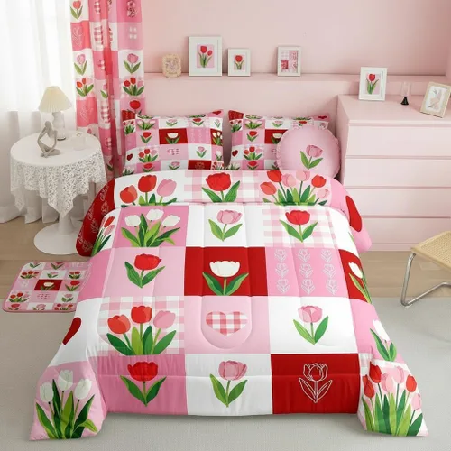 Miniatura 49 de Castle Fairy Rose Lipstick Bedding Set Elegant Quilted Comforter Set Twin Size,Women Cosmetic Duvet Insert with 1 Pillow Sham for Kids Boys Girls