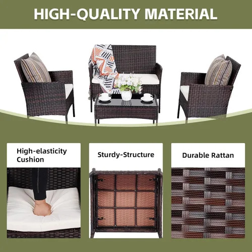 Miniatura 4 de Juego de muebles de patio de 4 piezas, muebles de ratán para exteriores con mesa de centro de vidrio templado, sillas modernas de ratán para patio