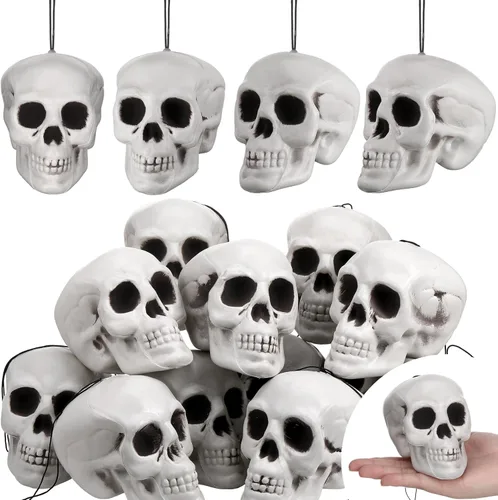 Lenwen 12 piezas de decoración de cráneo de Halloween para colgar en el árbol de Navidad, cráneos pequeños de plástico para Halloween, cabeza de