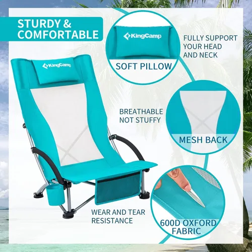 Miniatura 3 de KingCamp Paquete de 2 sillas de playa ligeras y plegables con respaldo alto con soporte para tazas, bolsa de almohada para acampar al aire libre