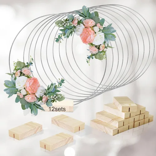 Miniatura 9 de 25 Piezas Aro Floral de Metal de 12 Pulgadas con Soporte para Mesa, Anillo de Corona Dorada de Macramé de Metal con 25 Piezas de Soportes con Base