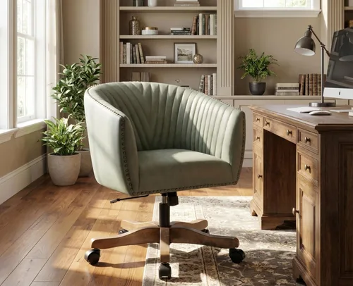 Miniatura 5 de Silla de escritorio de piel sintética verde, silla de escritorio tapizada giratoria con brazo ajustable con cabezas de clavos, cómoda silla