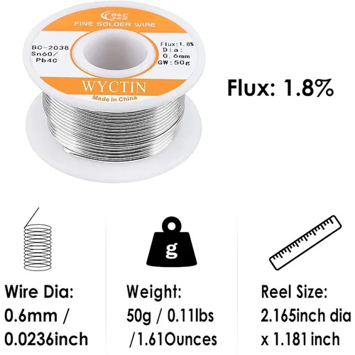 Miniatura 5 de 60 – 40 alambre de estaño y plomo con núcleo de resina para soldadura eléctrica y manualidades 0.0236 pulgadas (0.6 mm) 0.11 lb. Plateado