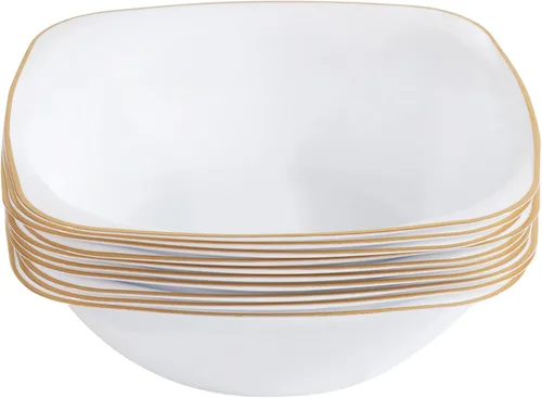 Miniatura 9 de Tazones de sopa cuadrados de plástico negro orgánicos para fiestas con borde dorado, vajilla desechable elegante, platos de 16 oz, paquete de 32