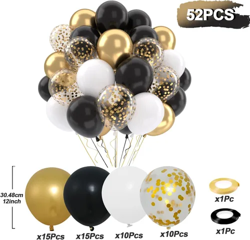 Miniatura 4 de Patimate Juego de globos de confeti negro y dorado, kit de 50 piezas de globos de látex de confeti metálico dorado negro y blanco de 12 pulgadas