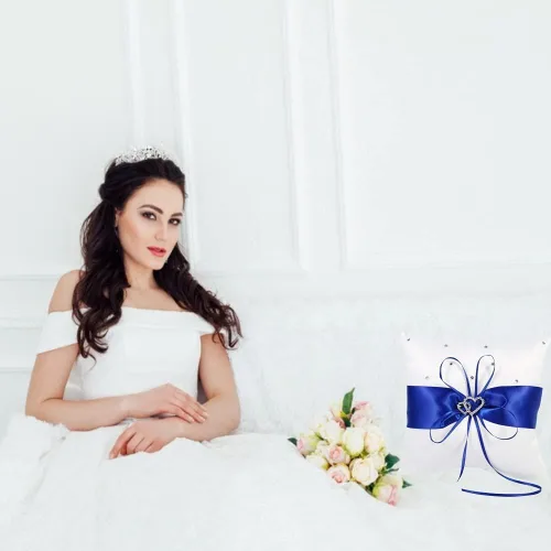 Miniatura 6 de Tyenaza Almohada portadora de anillo, almohada de anillo de boda de 7.8 pulgadas, soporte para anillo azul real, cojín de doble corazón