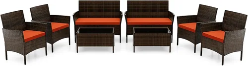 Miniatura 29 de RELAX4LIFE Juego de muebles de patio de 4 piezas – Juego de muebles de ratán para conversación al aire libre con cojines, mesa de centro de cristal