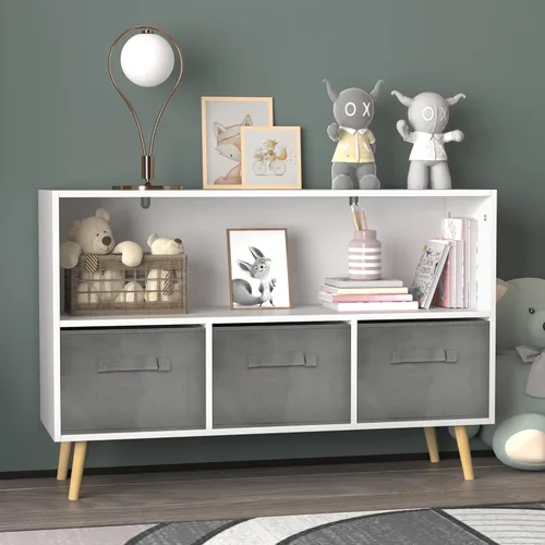 Miniatura 2 de Estantería para niños, organizador de almacenamiento de juguetes, estantería para niños con 3 cajones de tela plegables y patas de madera