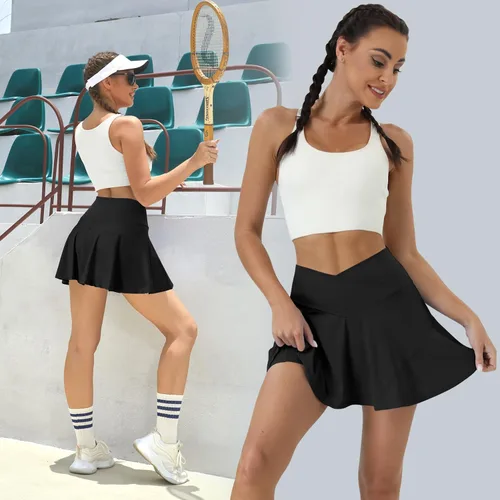 Miniatura 3 de COPYLEAF Falda de tenis para mujer, faldas de golf de cintura alta con bolsillos, pantalones cortos cruzados atléticos plisados