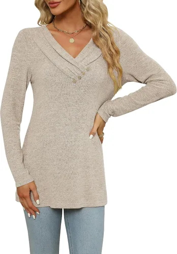 Miniatura 6 de FMEYOA Blusa casual de manga larga para mujer, para usar con leggings, cuello en V, con botones, estilo casual