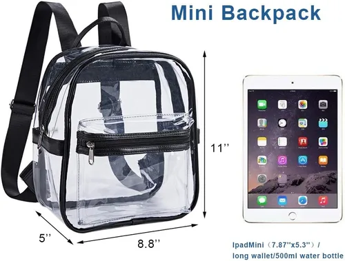Miniatura 3 de Mini mochila transparente, aprobada para estadios, con bolsillo frontal para accesorios, mochila transparente resistente para festivales