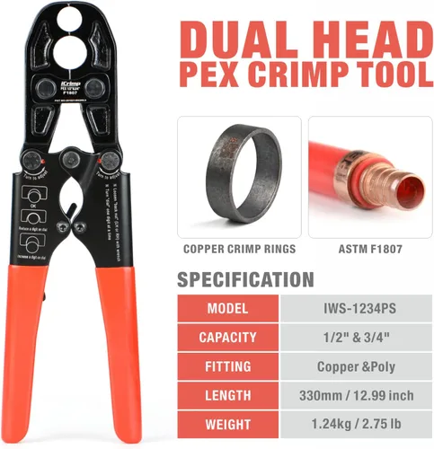 Miniatura 2 de IWISS/iCrimp - Kit de herramientas de engarzado de anillo de cobre para tubería PEX para anillos de crimpado de 1/2 pulgada, 3/4 pulgada, cumple