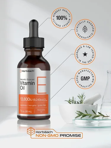 Miniatura 5 de Horbäach Aceite de vitamina E 13,800 UI 1 oz para cara y piel Suplemento líquido de origen natural Fórmula vegetariana, sin OMG y sin