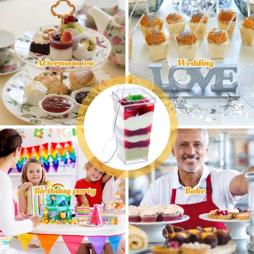 Miniatura 7 de Nuogo - Paquete de 100 mini tazas de postre de 3 onzas con tapas y cucharas, vasos cuadrados de plástico transparente, recipientes desechables
