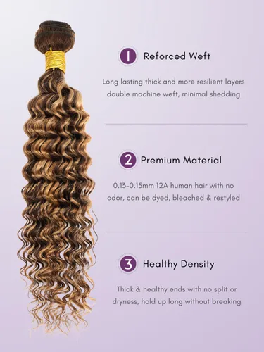 Miniatura 3 de P4/27 Cabello Humano Solitario de Onda Profunda con Reflejos Rubios Miel, 12A 100% Tejido Brasileño Virgen Ondulado Grueso con Mechas Ombre Marrón