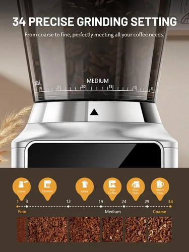 Miniatura 3 de Keenstar Molinillo de café cónico, molinillo de granos de café con 34 ajustes de molienda para uso doméstico, temporizador de precisión, pantalla