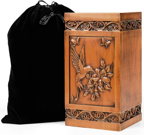 Urna de cremación grande de madera para cenizas humanas para adultos, colibrí hecha a mano y grabado floral, urna funeraria para madre, padre, Marrón