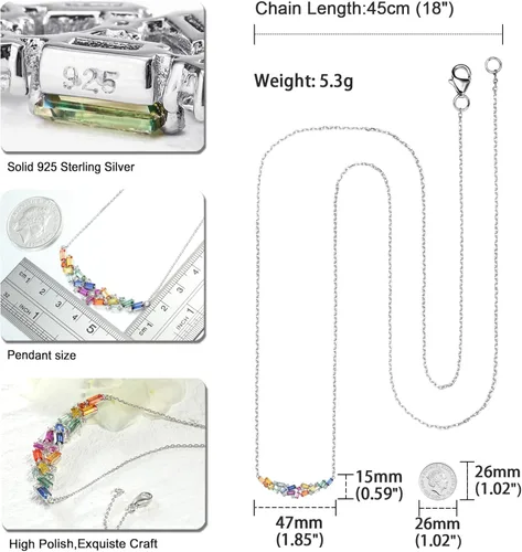 Miniatura 5 de RANDES Collar de barra curvada de arco iris para mujer, plata de ley 925, collar con colgante de piedras preciosas coloridas creadas en laboratorio