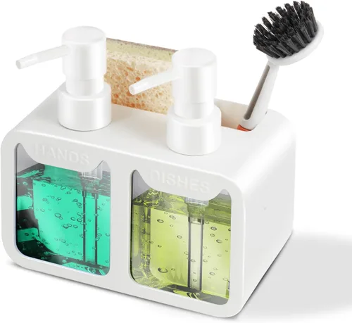Miniatura 7 de Juego de dispensador de jabón de cocina, con jabón de manos y platos, organizador de esponja y soporte para cepillo 4 en 1, dispensador de jabón