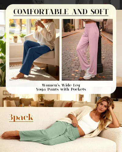 Miniatura 197 de Neer - Conjunto de 3 pantalones de yoga de pierna ancha para mujer - Pantalones deportivos cómodos, holgados, de cintura alta y casuales