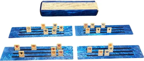 Lucite Rumikub - Juego de azulejos, soportes y caja acrílica de almacenamiento incluidos (mármol azul/mármol blanco)