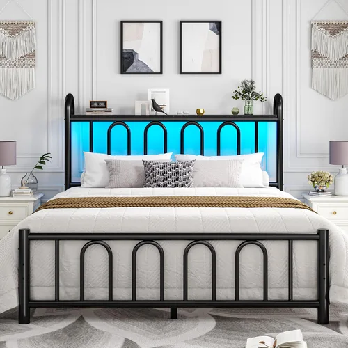 Miniatura 10 de Homkdom Base de cama tamaño King con cabecera de almacenamiento, marco de cama de metal clásico con luces LED y almacenamiento debajo de la cama