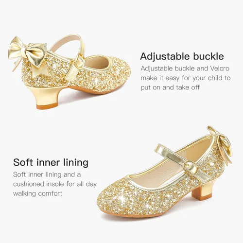 Miniatura 5 de Dufannie Zapatos de vestir para niñas, zapatos de tacón bajo de princesa, zapatos planos con purpurina para bodas y fiestas