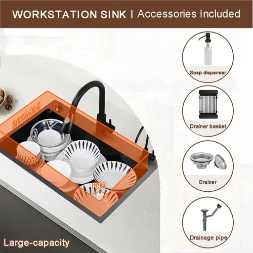 Miniatura 7 de Estación de Trabajo de Fregadero de Cocina Empotrable, Fregadero de Barra de Montaje Superior de Acero Inoxidable Nano de Un Solo Tazón - Combo
