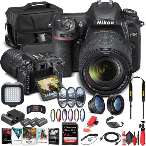 Nikon Cámara D7500 DSLR con lente de 0.709-5.512 in (1582) + tarjeta de memoria de 64 GB + funda + software Corel Photo + 2 baterías EN-EL 15 +