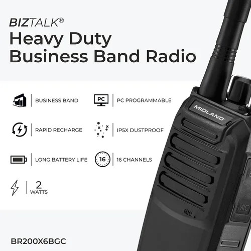 Miniatura 3 de Midland BR200X6BGC - Banda de radio comercial de 2 vatios y 16 canales Radio portátil - Radio bidireccional - Cobertura de 250,000 pies cuadrados