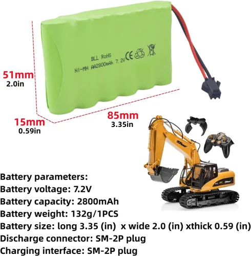 Miniatura 2 de Batería recargable AA de 7.2V 2800mah con enchufe SM-2P con cable de carga USB para Huina 1550 550 RC Excavadora Coche Camión Ingeniería Car TR-211