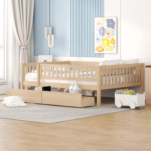 Bellemave Estructura de cama tamaño completo con barandillas de protección y cajones de almacenamiento, camas infantiles de madera estilo Montessori