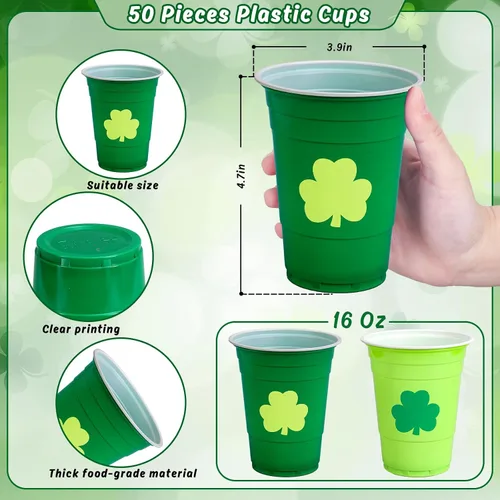 Miniatura 2 de FYSUIMU 50 vasos de plástico del día de San Patricio de 16 onzas desechables con trébol verde, vasos apilables para fiestas irlandesas, suministros