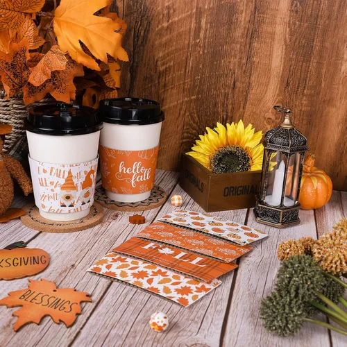 Miniatura 4 de Whaline Paquete de 60 fundas para tazas de té de café de Acción de Gracias, color naranja otoño, patrón simple, funda de papel, desechable para taza