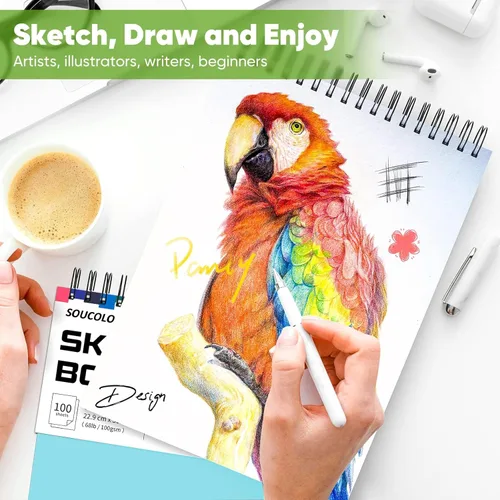 Miniatura 7 de Soucolor - Cuaderno de bocetos de 9 x 12 pulgadas, paquete de 1 de 100 hojas, encuadernado en espiral, libre de ácido (68 libras/100 g/m²), bloc