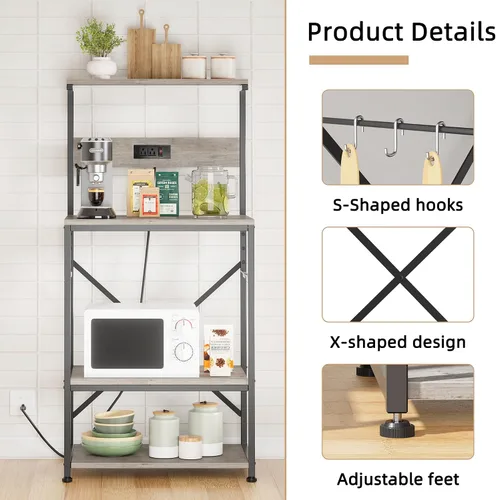 Miniatura 6 de JAMFLY Estante para hornear de cocina con toma de corriente, soporte para microondas con 6 ganchos en forma de S, barra de café de 4 niveles