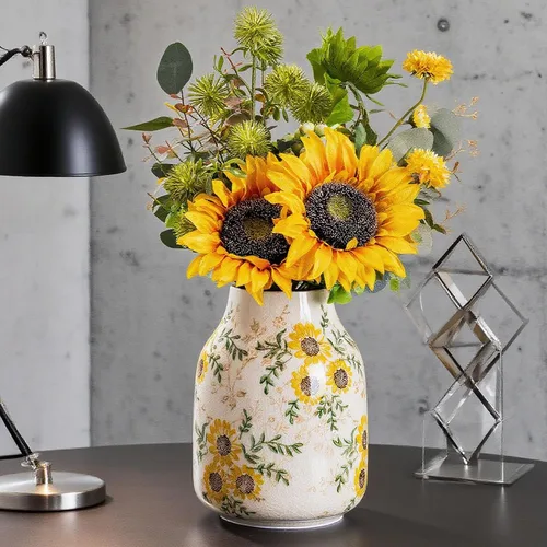 Florero de Cerámica Vintage de Girasol Amarillo Floral, Decoración del Hogar Chinoiserie Beige y Verde para Repisa de Chimenea, Centros de Mesa,