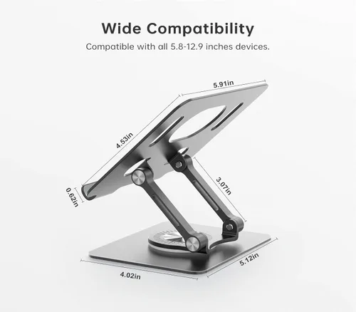 Miniatura 6 de Orlian Soporte para tablet con base giratoria de 360°, soporte ajustable de aluminio para tableta de doble varilla para escritorio, compatible