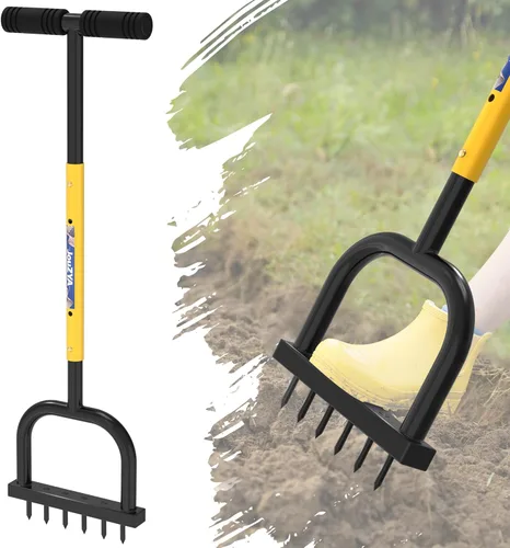 JouZYA Spike Aireador de aire para césped, herramienta de césped con 6 dientes afilados, herramienta de jardinería manual para el cuidado del