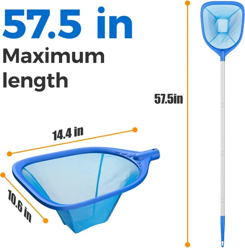 Miniatura 2 de Mowend Red de desnatador de piscina de longitud total de 57 pulgadas, red de rastrillo de hojas con poste telescópico de aluminio de 4 secciones Azul