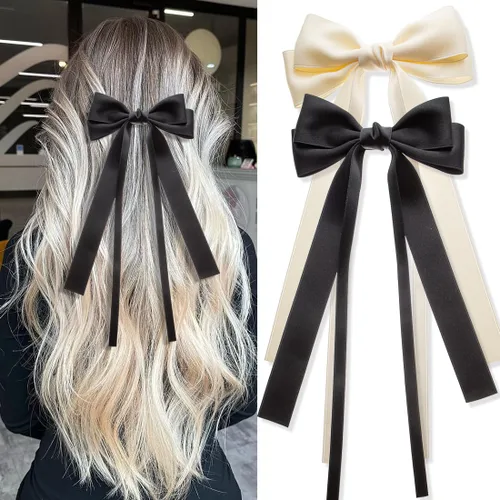 Miniatura 13 de Seneeel Lazos para el cabello, 2 piezas grandes de lazo doble para mujer, negro, blanco