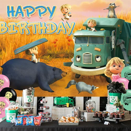 Miniatura 5 de Fondo de fiesta de cumpleaños de camión de basura, decoración y pancarta, accesorios de fondo de fotos para niños y niñas, 5 x 3 pies