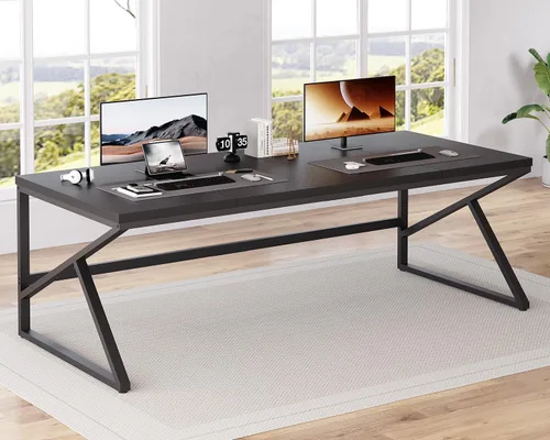 Miniatura 16 de HSH Escritorio Largo de 70 Pulgadas Negro, Escritorio Grande de Metal y Madera para 2 Monitores, Escritorio Moderno para Computadora de Oficina