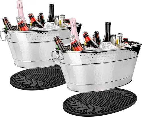 Cubetas de acero inoxidable BREKX Colt para bebidas para fiestas + alfombrillas aisladas para fiestas, cubetas de hielo plateadas - El set incluye 2