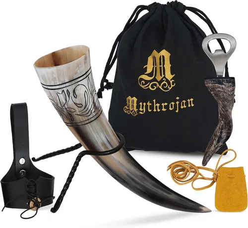 Miniatura 26 de Mythrojan Cuerno vikingo para beber 100% natural, auténtico, decoración de latón, cuerno nórdico con funda de cuero negro, bolsa de lona para vino