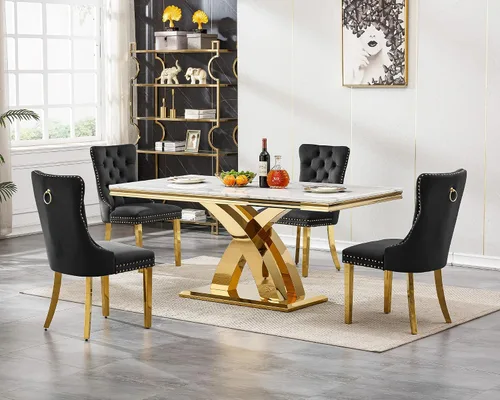 Miniatura 10 de Moderno juego de mesa de comedor de mármol para 4, juego de mesa de comedor de lujo para 4, mesa de comedor de mármol sintético de 68 pulgadas
