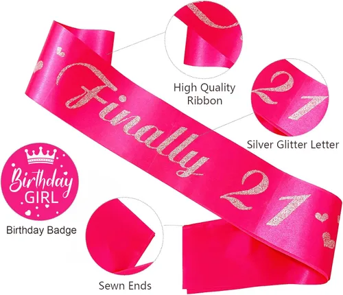 Miniatura 2 de Banda de cumpleaños número 21, bandas suaves de satén rosa intenso con letra plateada con purpurina, decoraciones de cumpleaños para niñas, 21 rosa